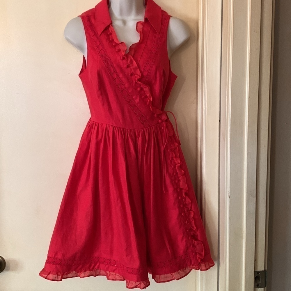 Joslin red linen wraparound dress size 2